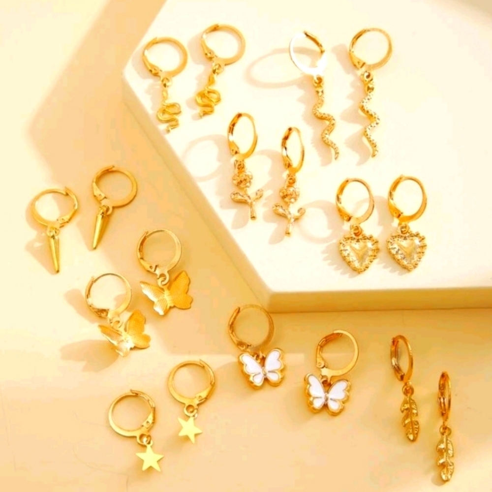 Lil Girls 👭 FASHION 9 Pair Set ♥ 🦋 ⭐🌿🌷🐍Goldtone Dangle Earrings NWTags